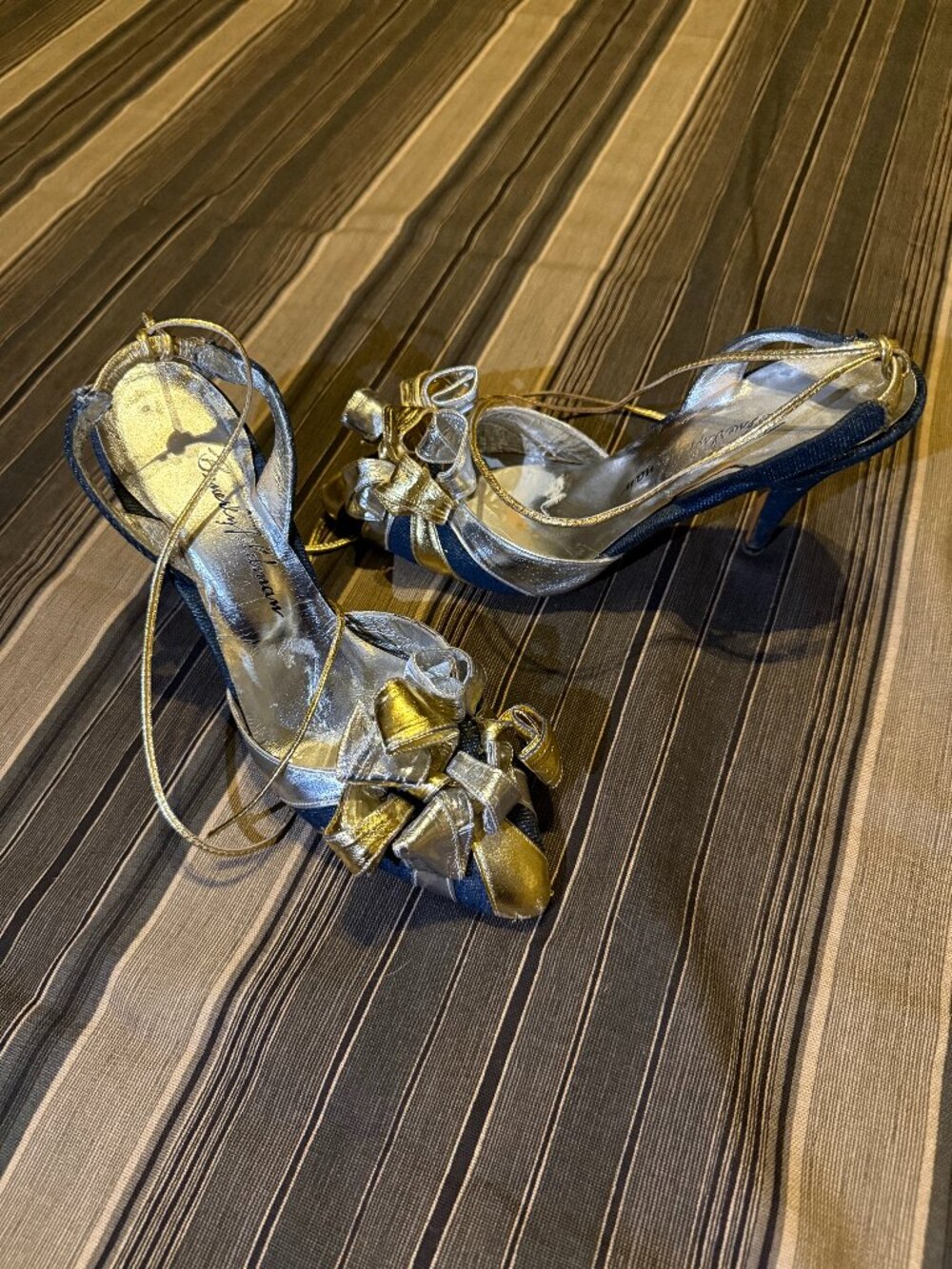 Vintage 80s Beverly Feldman Metallic Ankle-Tie Leather Spiral Heels Size 7